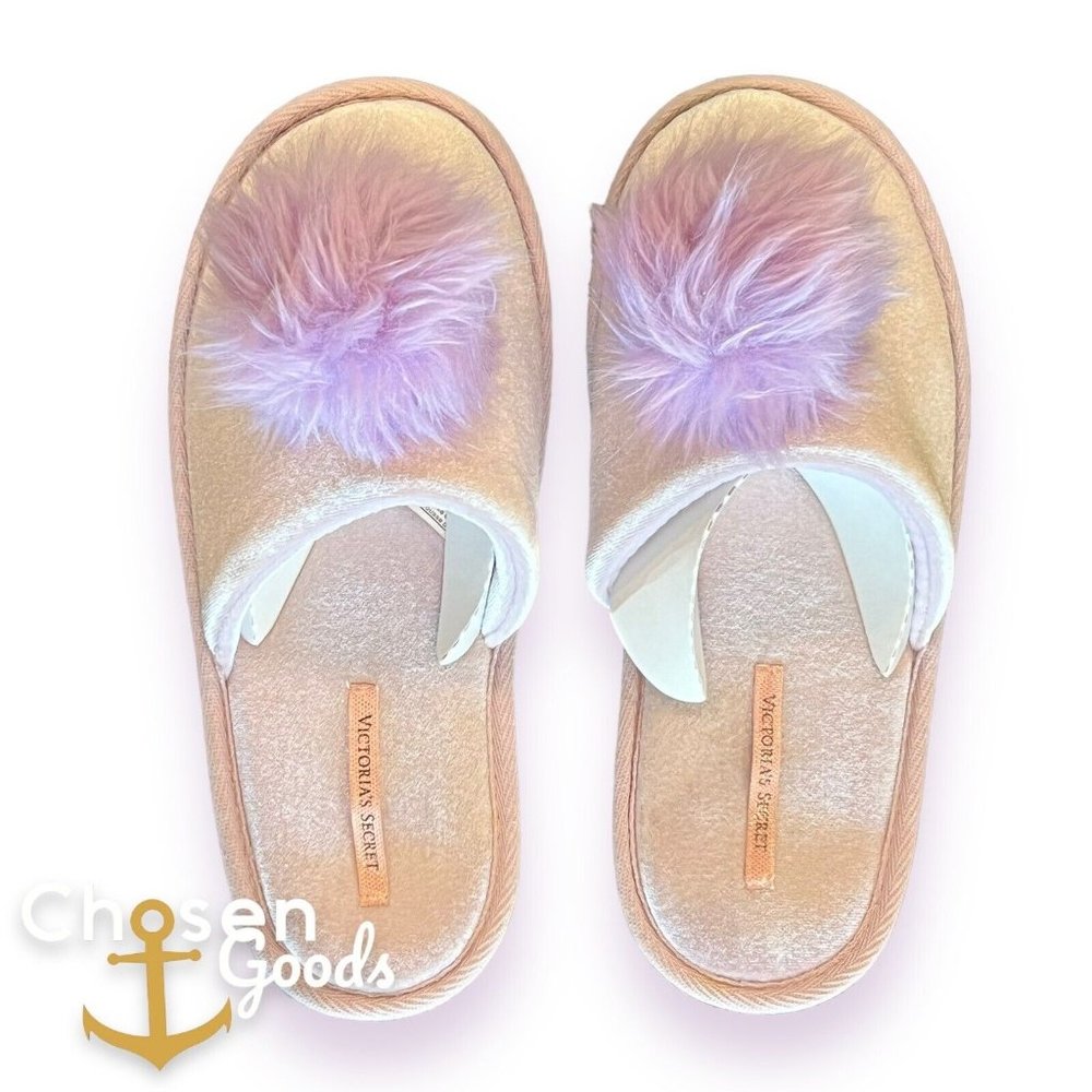Victorias Secret Slippers Lavender Soft Fuzzy Pom-Pom Velvet Purple Medium 7-8